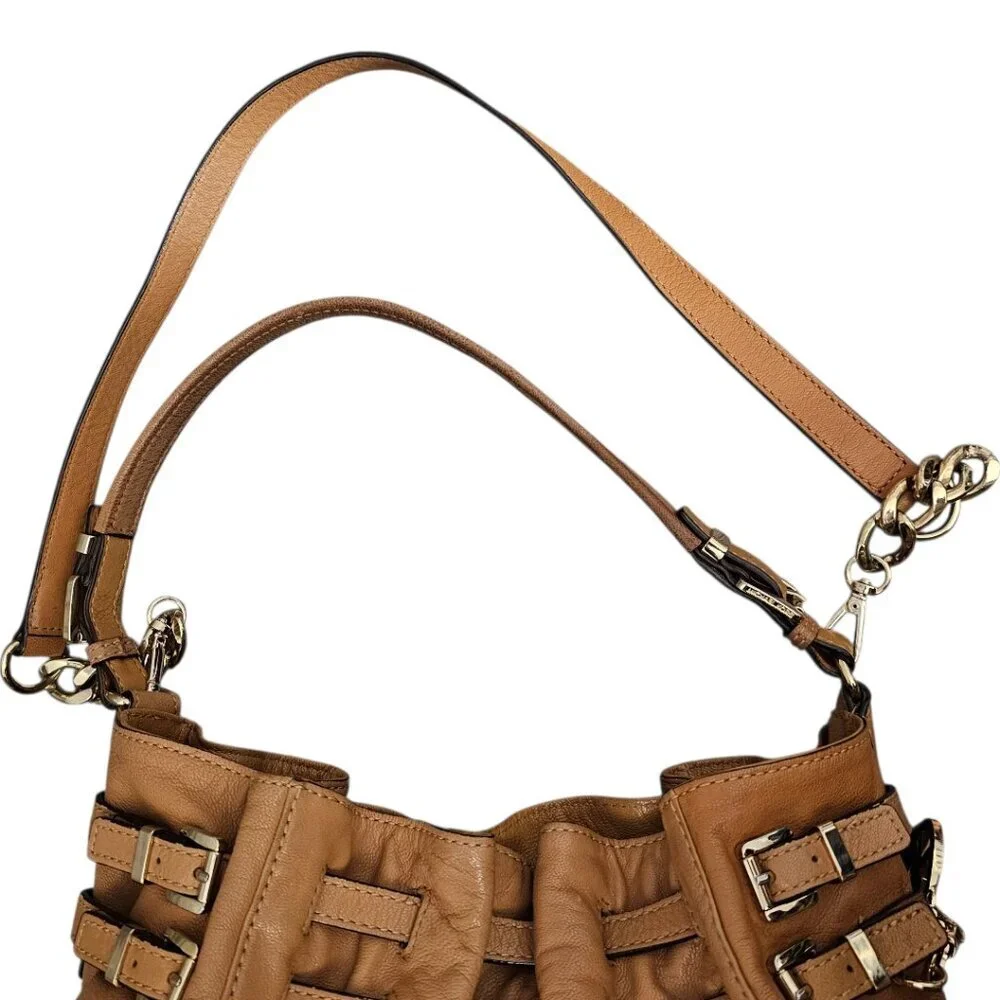 Michael Kors Way Leather Buckle Hobo Cinch Chain Tan Shoulder Bag COA
